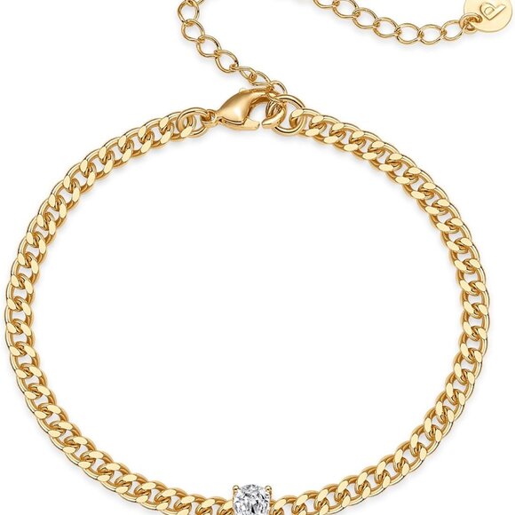 14K Gold Plated Cubic Zirconia Bracelet Bridesmaid Curb Chain Jewelry - Picture 1 of 4